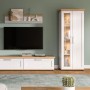 Weiße 3-teilige Wohnwand Mirano im Landhausstil mit Lärche-Eiche-Dekor. Besteht aus Vitrine, TV-Lowboard, Wandboard.