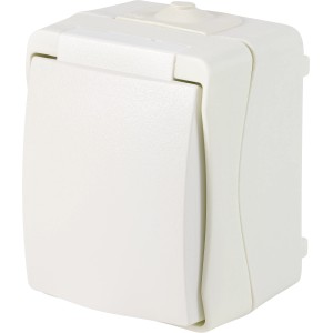 Weiße 1-fach Feuchtraum Steckdose IP44 mit Klappdeckel für Aufputzmontage.