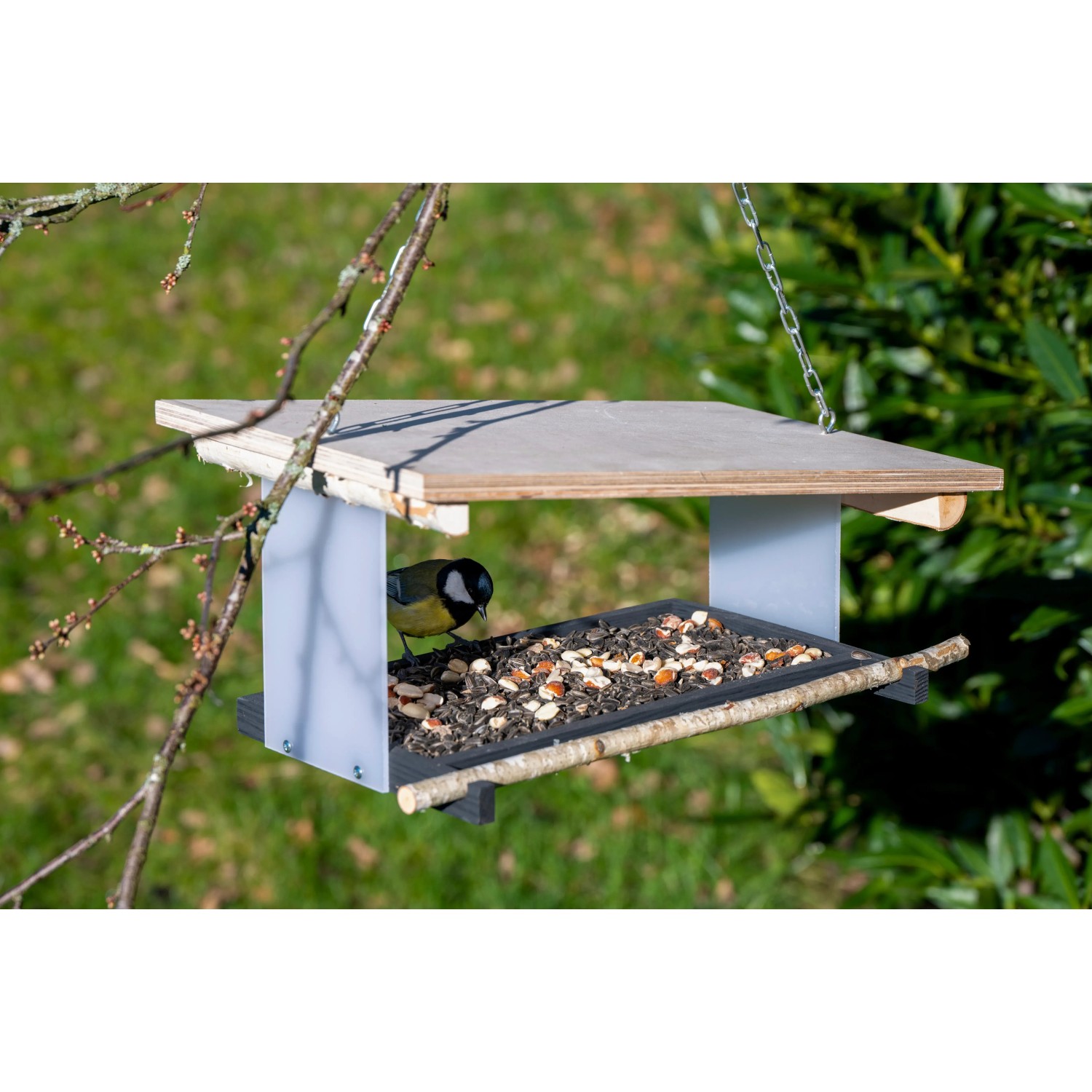 Dobar Vogelfutterhaus Futura II mit Vogel beim Fressen. Modernes Design mit Holz und Metall.