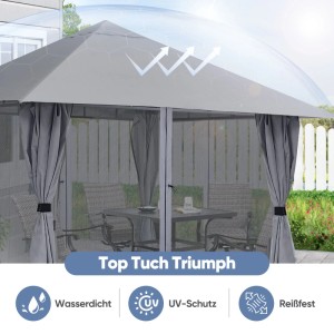 Grauer Sekey Pavillon 300x300 cm mit Spitzdach, Moskitonetzen und Seitenteilen für Garten oder Terrasse.