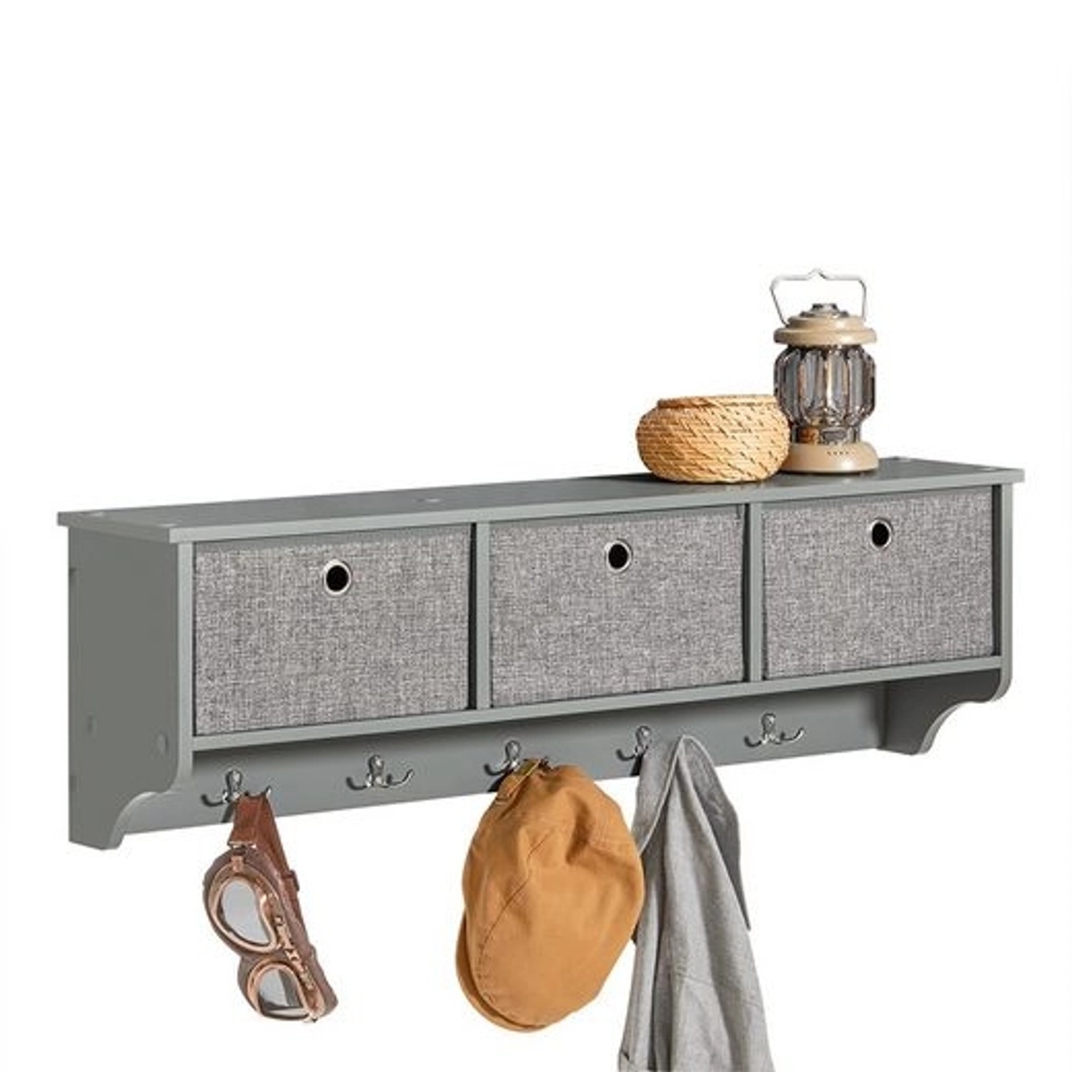 SoBuy Wandgarderobe mit 3 Körben und 5 Haken MDF Vlies Grau FRG282-HG