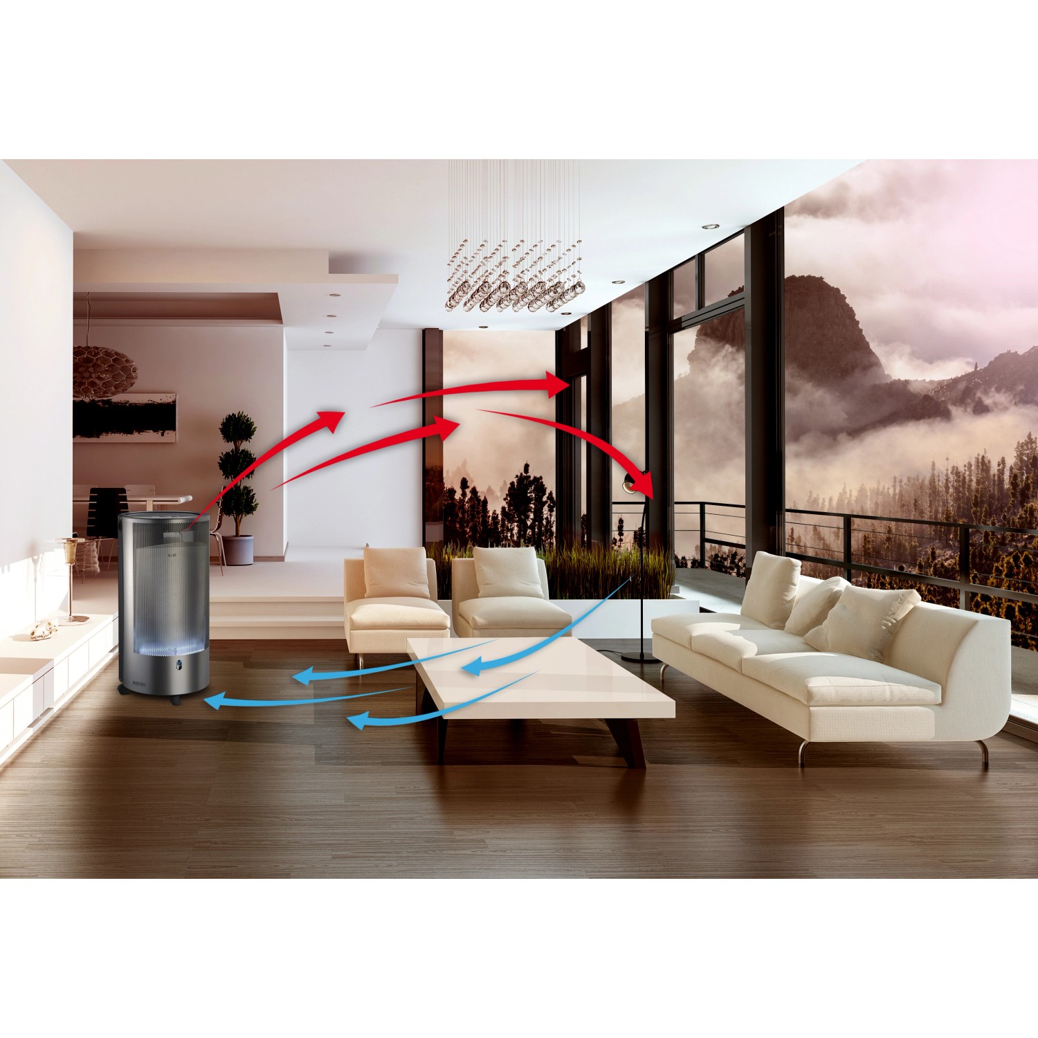 Rowi Gas-Heizofen Pure Blue Flame 4.200 W Inox im Wohnraum mit Wärmeverteilung durch Pfeile dargestellt.