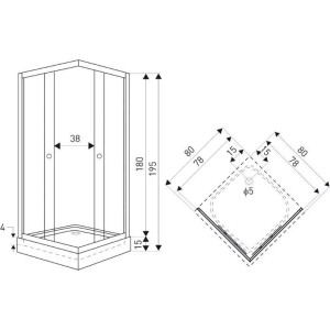 Technische Zeichnung der Kerra Duschkabine Olga SQ 80x80cm mit transparentem ESG-Glas, verchromten Profilen und Duschwanne.