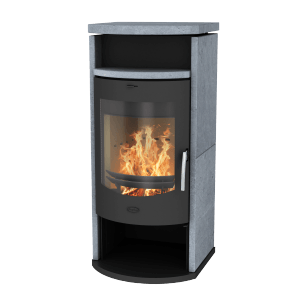 Fireplace Barcelona Kaminofen mit Specksteinverkleidung, 8 kW Leistung, schwarzes Design.