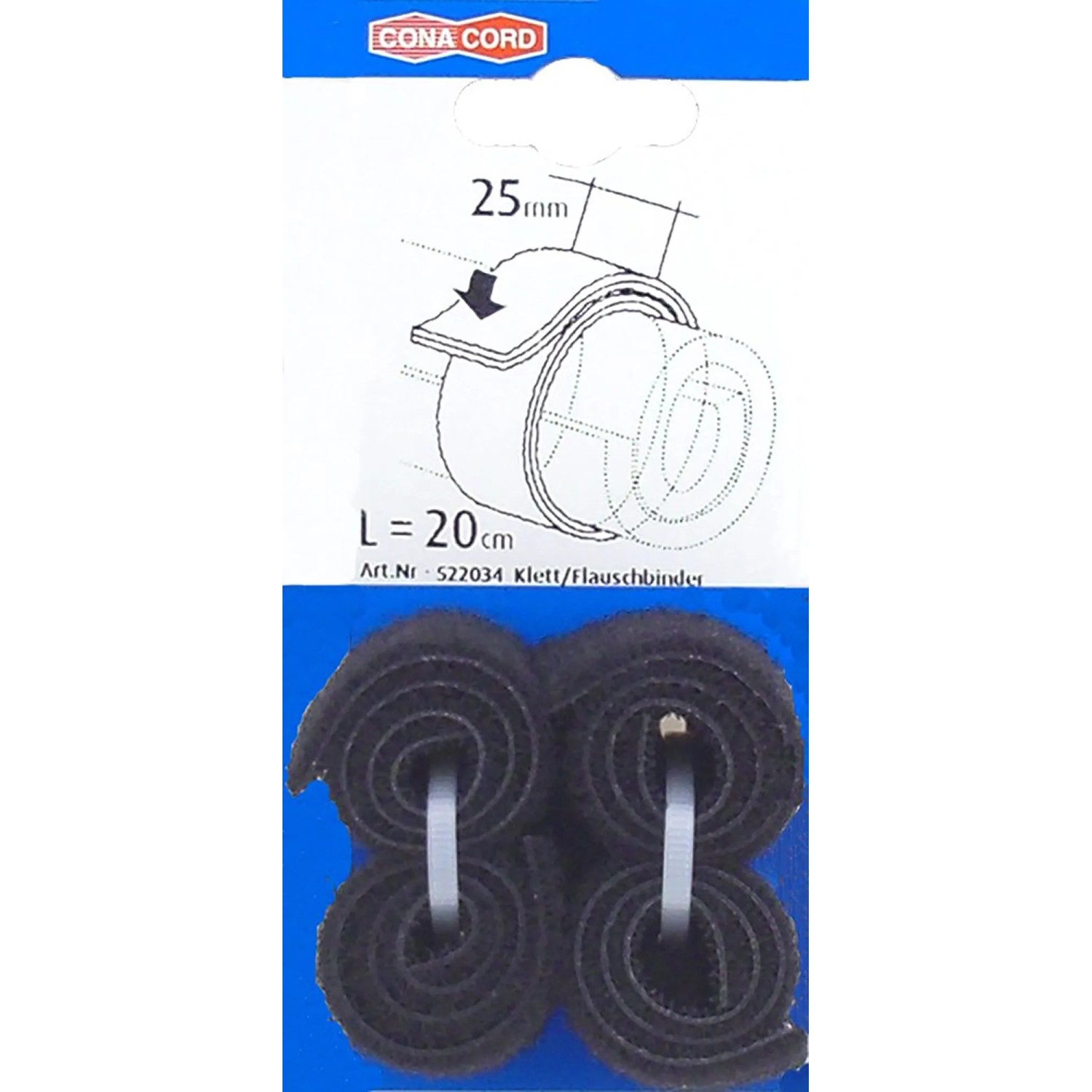 Vier schwarze Conacord Klett-/Flauschbinder aus Polyamid, 20 cm lang, gerollt in der Verpackung.