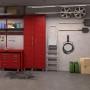 Schwarzer Stahl Schlauchhalter an grauer Wand, hält aufgerollten Gartenschlauch. Platzsparende Aufhängung für Garage.