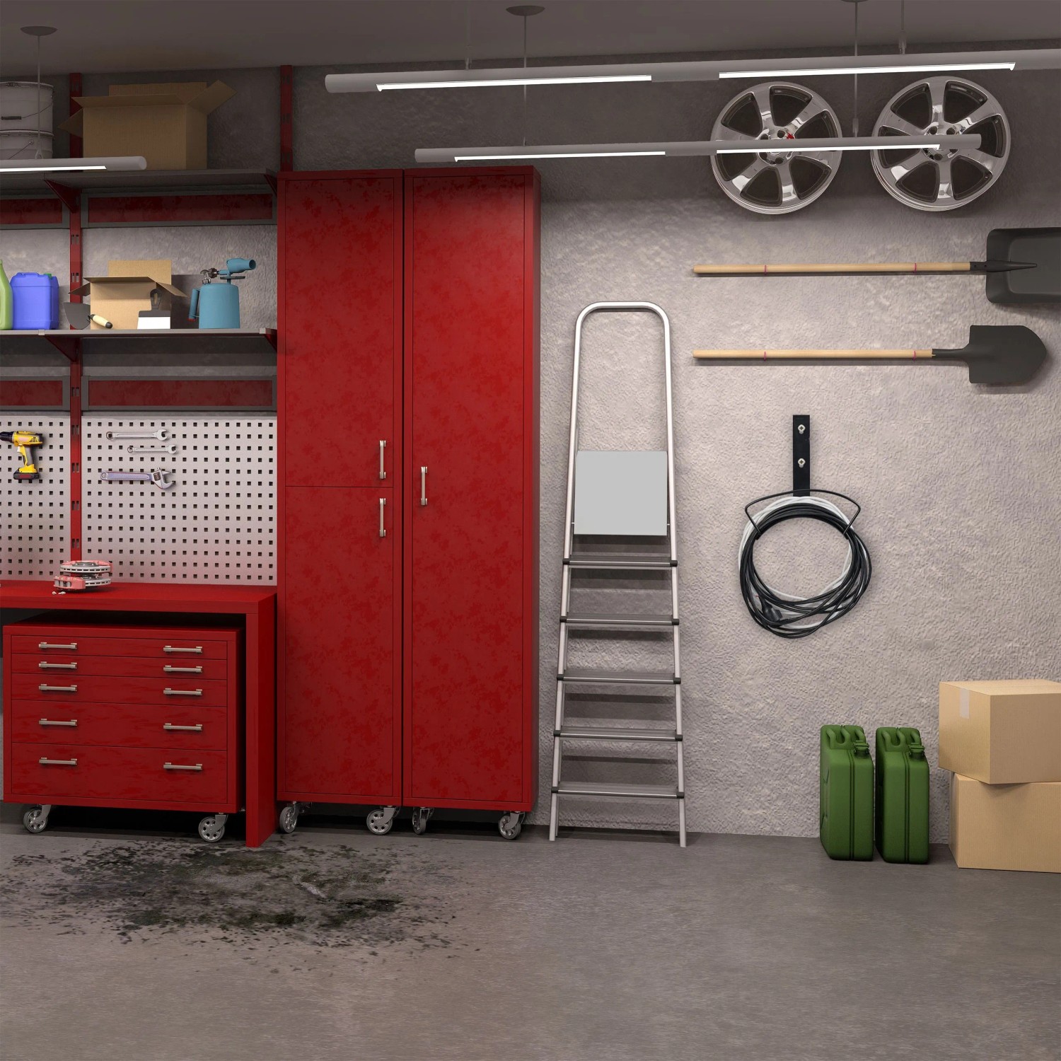 Schwarzer Stahl Schlauchhalter an grauer Wand, hält aufgerollten Gartenschlauch. Platzsparende Aufhängung für Garage.