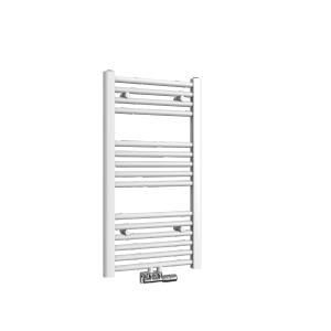 Weißer Emke Badheizkörper 75x40cm mit horizontalen Heizrohren als Handtuchwärmer.