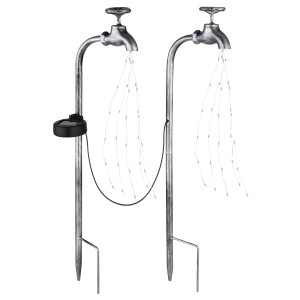 2er Set Globo Solarleuchten in Wasserhahn-Optik, silbernes Metall, für den Garten.