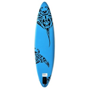 Blaues, aufblasbares Stand Up Paddle Board (SUP) mit schwarzem Rochen-Muster.