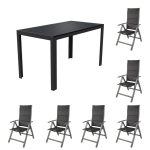 Lex Gartenmöbel Set, 7-teilig, mit Esstisch und 6 Stapelsesseln aus Aluminium und Textilene, schwarz/anthrazit.