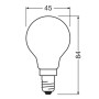 Technische Zeichnung Osram LED E14 Tropfenform, Maße: 45x84 mm, mattes Neutralweiß, 3,4W, 470lm.