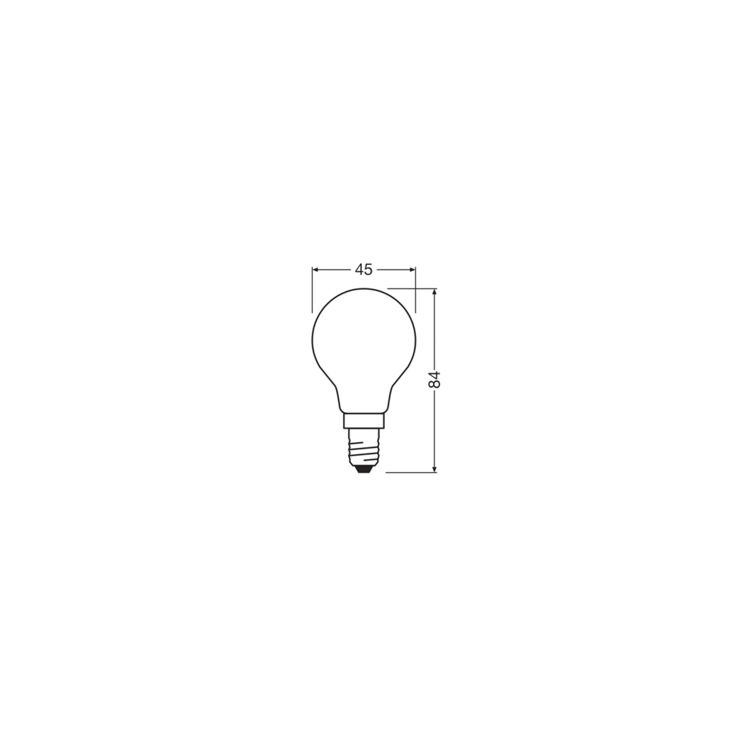 Technische Zeichnung Osram LED E14 Tropfenform, Maße: 45x84 mm, mattes Neutralweiß, 3,4W, 470lm.