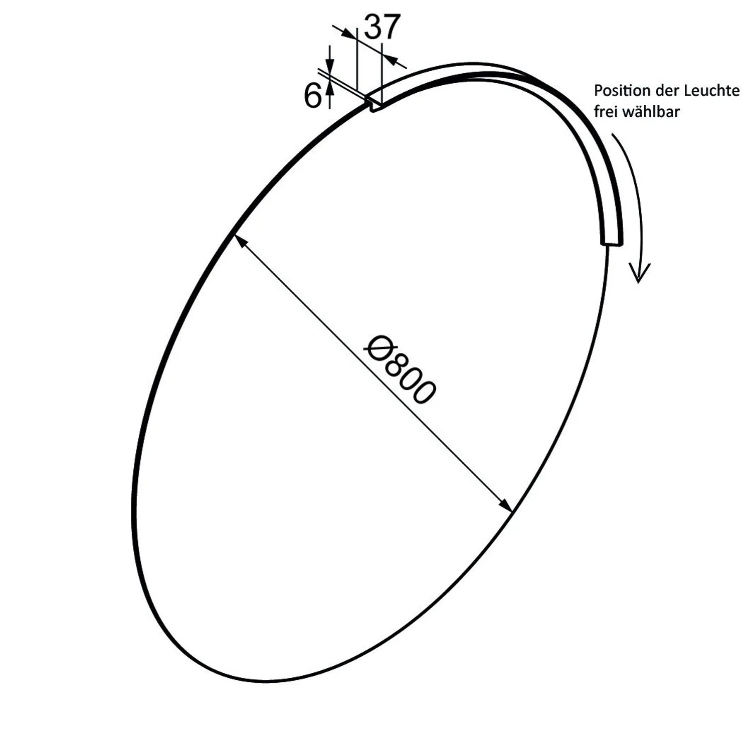 Technische Zeichnung Fackelmann Spiegel Moon 80 cm. Runder Badspiegel mit integrierter LED-Leuchte, Position der Beleuchtung flexibel.