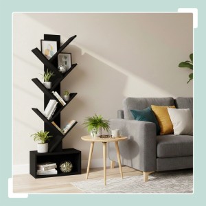 Relaxdays Bücherregal MDF Schwarz 6 Ebenen mit Sockelfach 113 cm x 38 cm x 20 cm