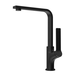 Moderne, mattschwarze Emke Küchenarmatur mit schlankem, drehbarem Auslauf.