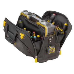 Stanley FatMax Werkzeugtasche Quick Access, schwarz/gelb, offen mit Werkzeugen. Ideal für Baustelle & Handwerk.