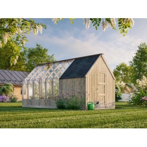 Palmako Holz-Gartenhaus mit Satteldach, druckimprägniert, 240x550 cm, 12,2 m² im Garten.