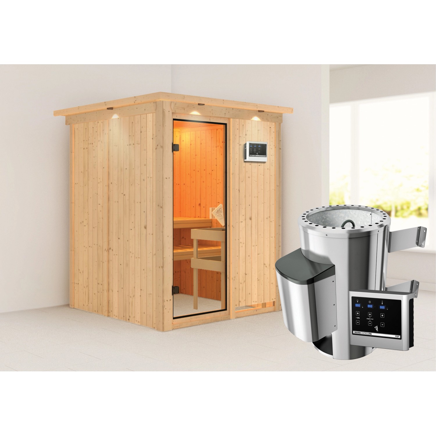 Karibu Sauna mit Ofen externe Stg.LED-Dachkranz Natur günstig online kaufen