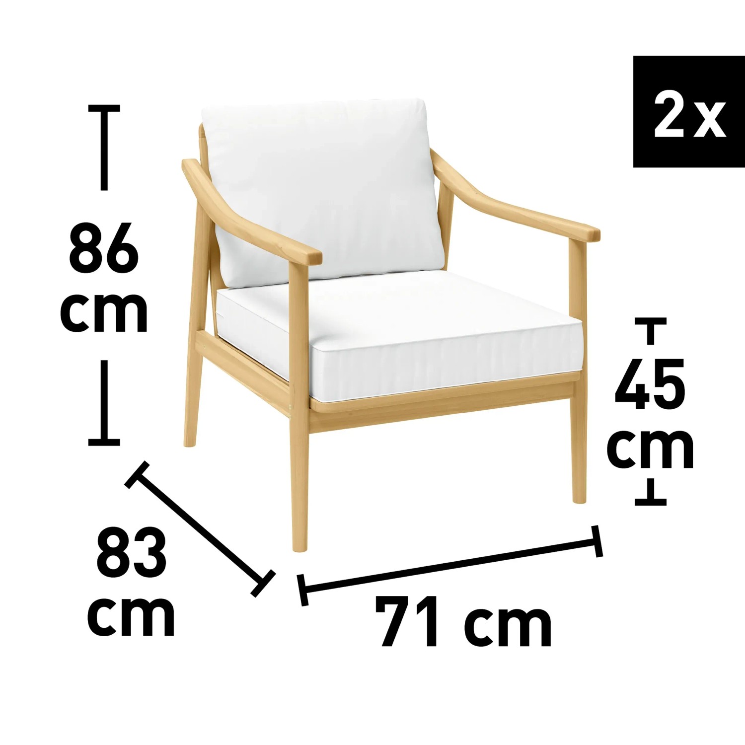 Lakewood Lounge Sessel aus Akazienholz mit weißen Kissen, Maße: 71x83x86 cm, Sitzhöhe 45cm, 2er Set.