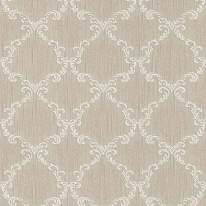 Beige-weiße Ornament Tapete im Barockstil für Wohn- und Esszimmer.