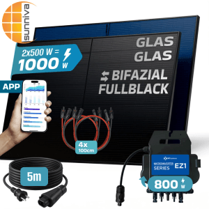 SUNNIVA Balkonkraftwerk 1000W mit bifazialen Glas-Glas Solarmodulen, Wechselrichter und Kabel.