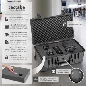 Tectake Kamerakoffer mit Rollen, Hartschale, Schaumstoffeinlagen und Platz für Kameraobjektive.