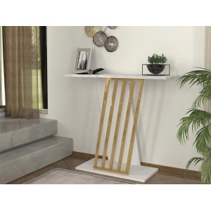Weißer Konsolentisch Orsona im Art Déco Stil mit goldfarbenem Metallgestell, 90 cm. Perfekt für Wohnzimmer.