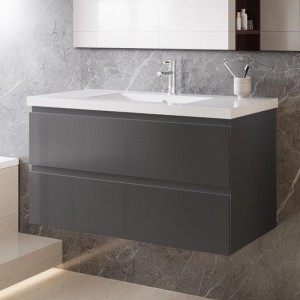 AICA Waschtisch mit Unterschrank, 100 cm, anthrazit hochglanz. Badmöbel Set mit Waschbecken.
