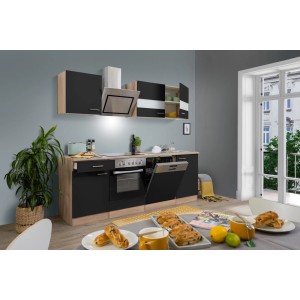 Respekta Küchenzeile KB220ESSSC, 220 cm, Schwarz/Eiche Sägerau, mit E-Geräten und Geschirrspüler.