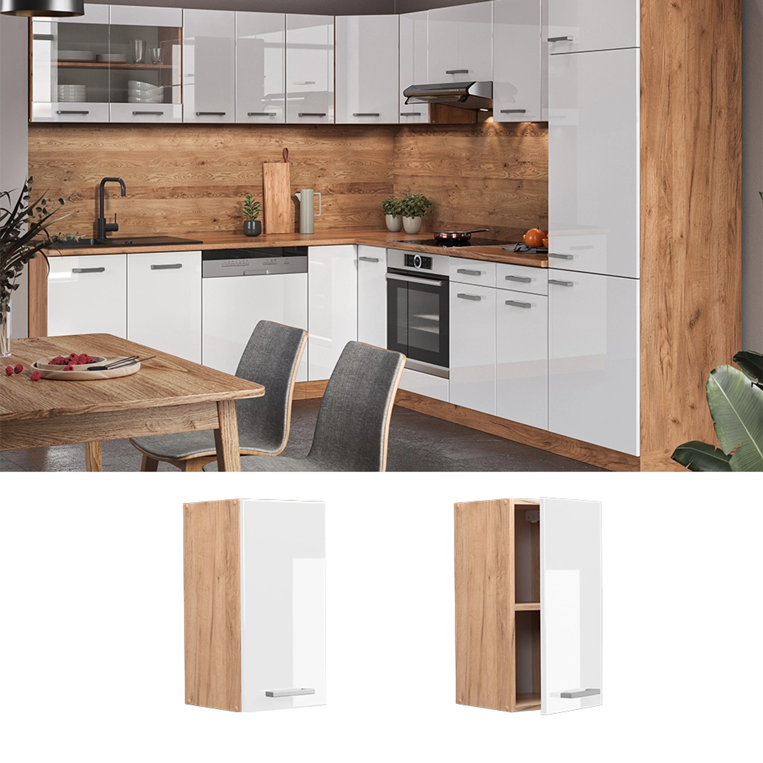 Vicco Hängeschrank R-Line, Küchenschrank in Weiß Hochglanz/Goldkraft Eiche, 30 cm breit.