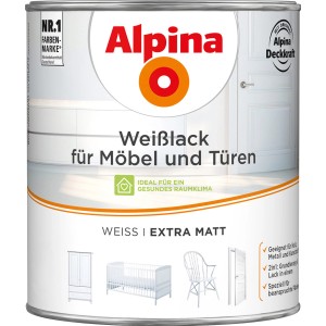 Dose Alpina Weißlack für Möbel & Türen, matt, 2 Liter. Weißer Lack mit Abbildungen von Möbeln.