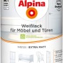 Dose Alpina Weißlack für Möbel & Türen, matt, 2 Liter. Weißer Lack mit Abbildungen von Möbeln.