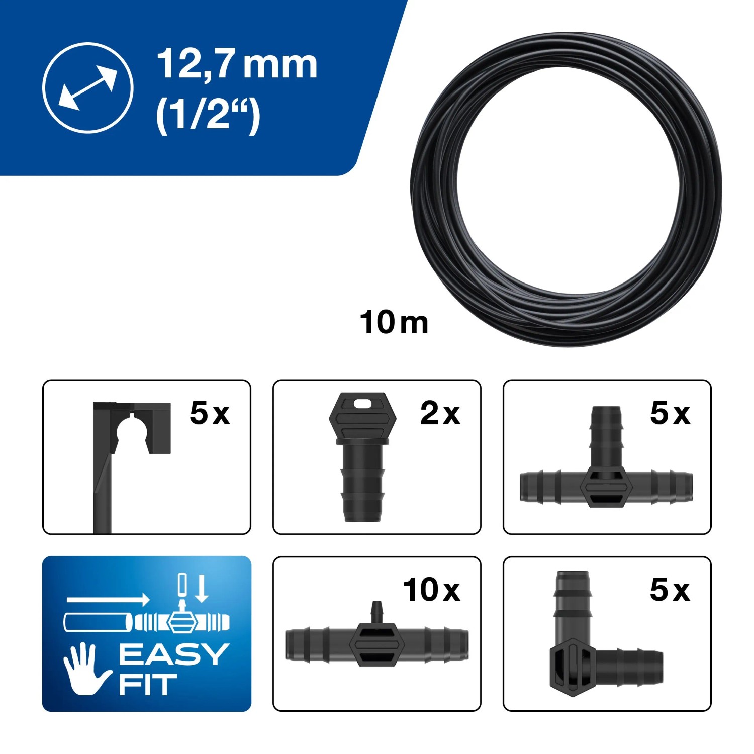 LUX-TOOLS Tropf-Bewässerungs-Set: Schwarzer 10m Hauptschlauch (12,7mm) und diverse schwarze Easy Fit Verbindungsstücke.