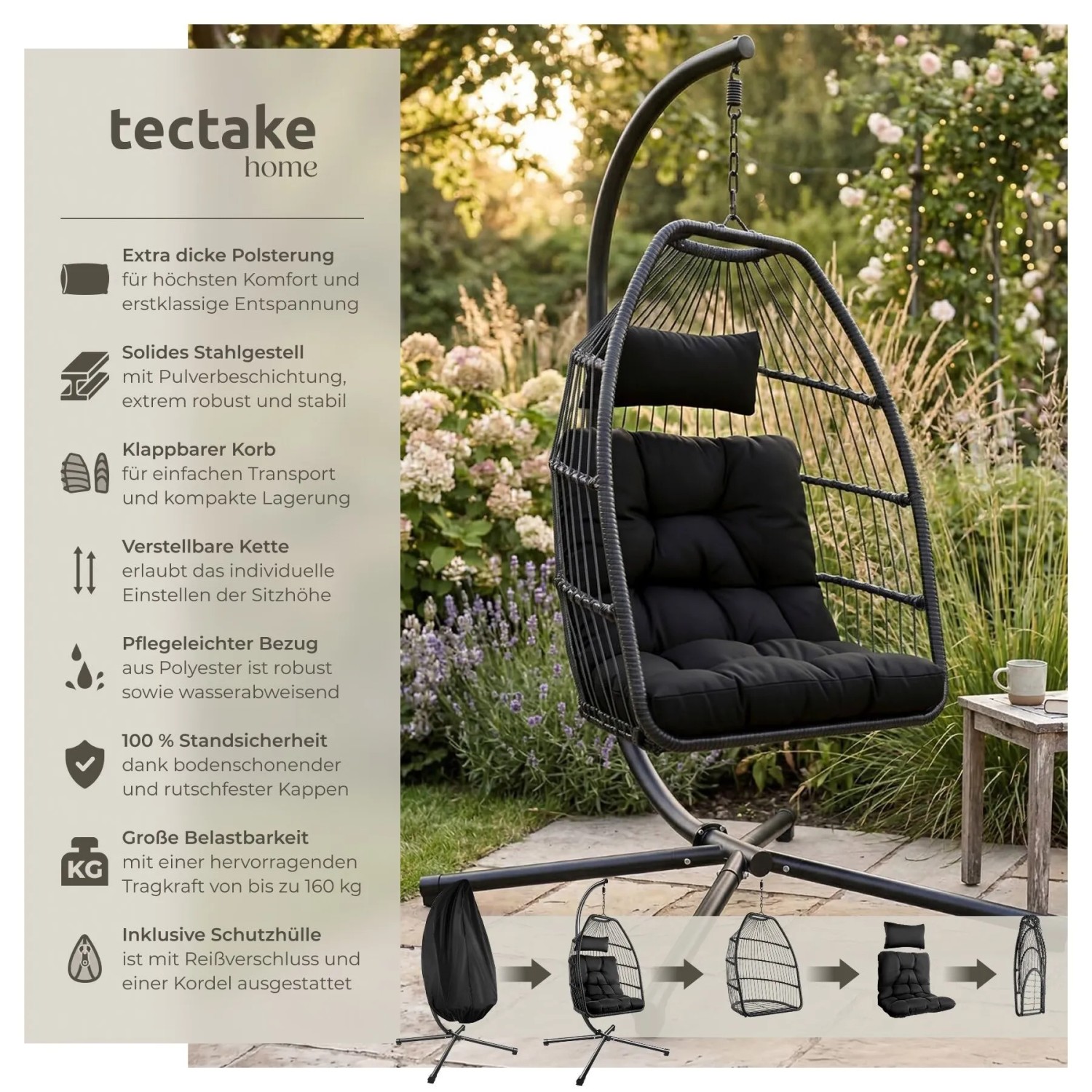 Tectake Hängesessel Mit Gestell Ariane Mit Extra Dickem Sitz  und Kopfkissen Stabil  Bodenschonend und Faltbar  107 x 98 x 202 cm Schwarz_2