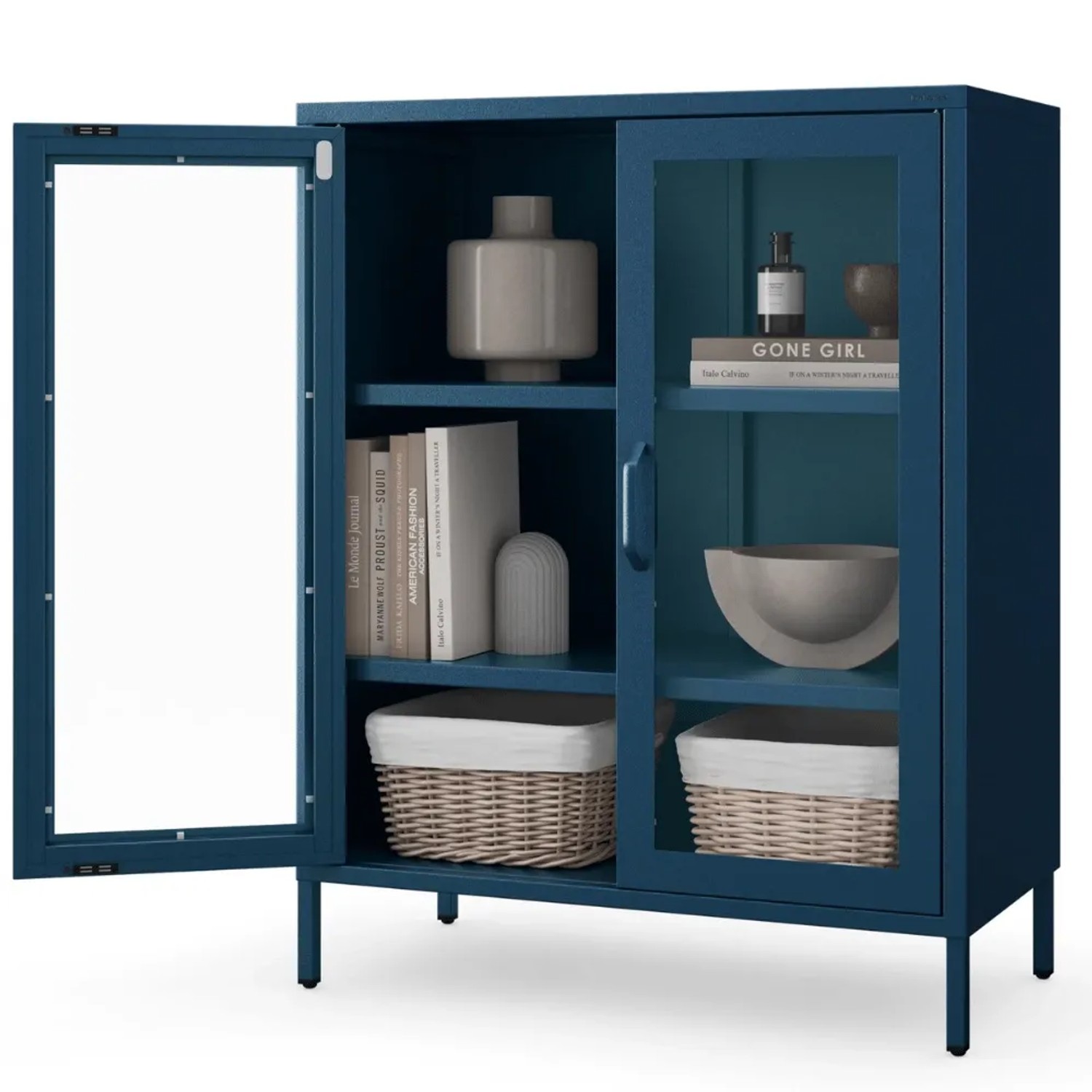 JAN NOWAK Vitrinenschrank Wohnzimmer Klein GINA 101,5 x 80 x 40 cm Dunkelblau