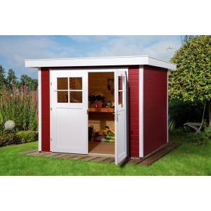 Weka Gartenhaus 227, Flachdach, schwedenrot, Doppeltür geöffnet, im Garten.