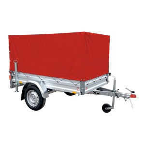 Stema Anhänger-Set Variolux 750 mit roter Hochplane, Abstellstützen und Stützrad.