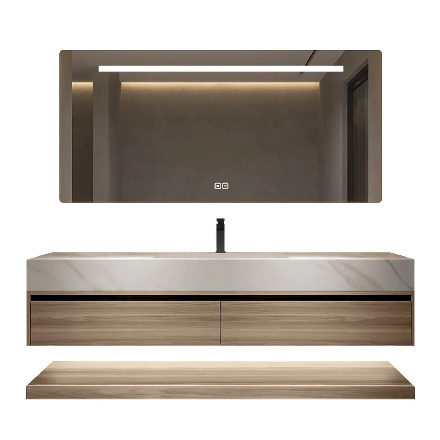 360Home Waschbecken Weiß Arbeitsplatte Holzmaserung Unterschrank Set Mit Spiegel RW3256K140