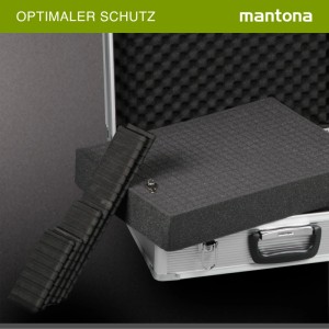 Mantona Alukoffer Kamerakoffer mit Schaumstoff und Trennstegen, geöffnet.