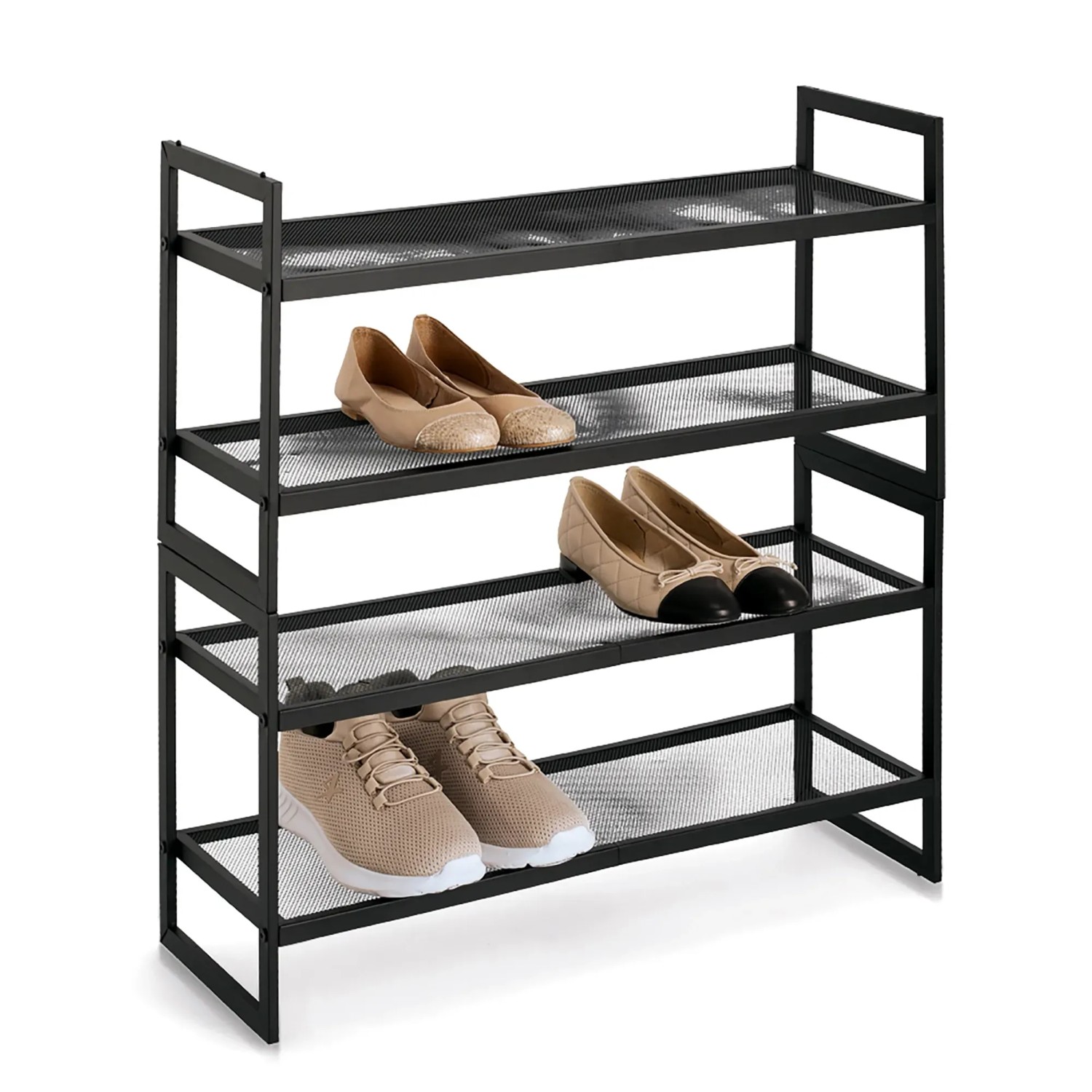 Schwarzes, stapelbares Zeller Schuhregal aus Metall mit 2 Ablagen für bis zu 6 Paar Schuhe.