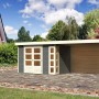 Karibu Holz-Gartenhaus Sölve, terragrau, mit Flachdach und Anbau. Ideal als Gerätehaus oder Gartenpavillon.