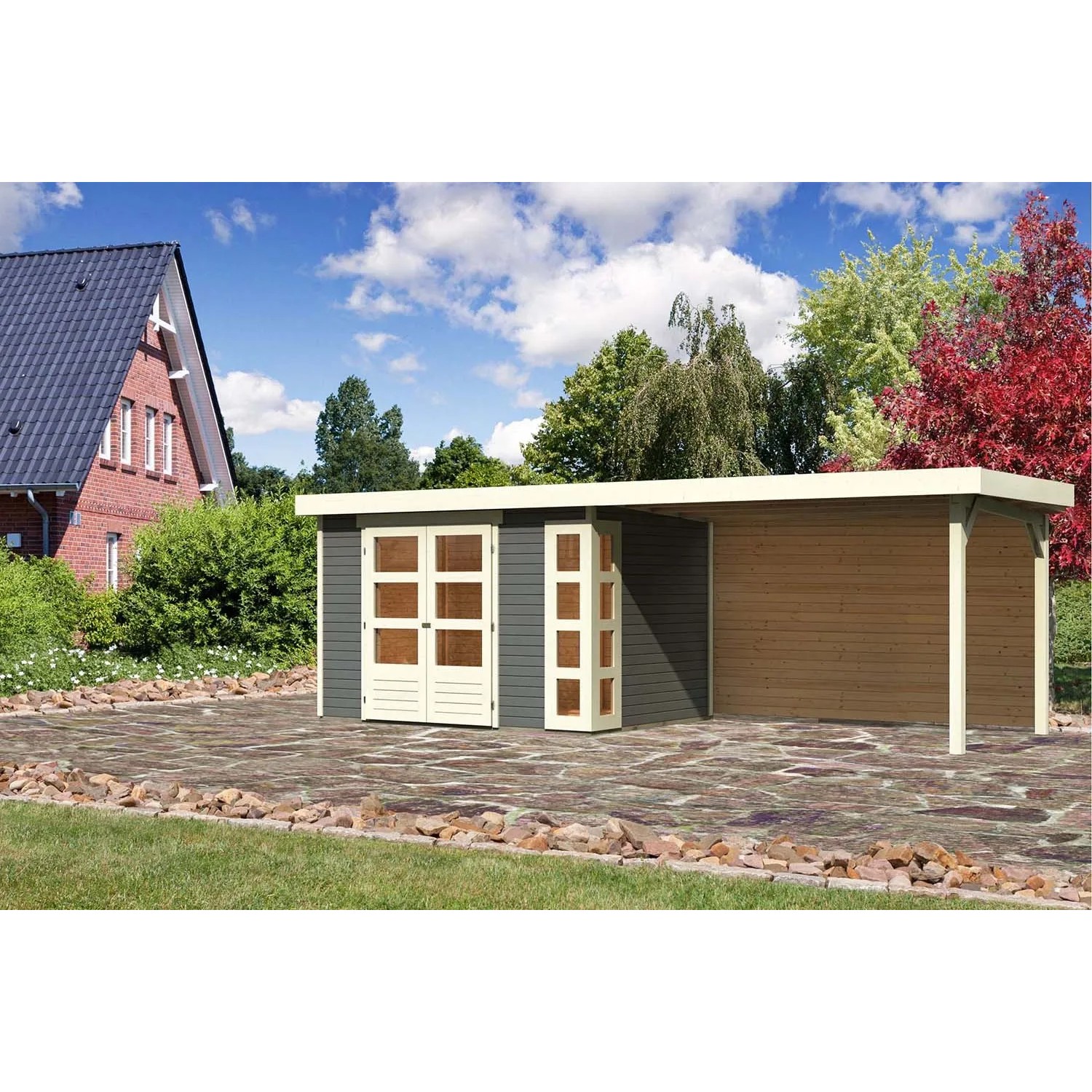 Karibu Holz-Gartenhaus/Gerätehaus Sölve Terragrau Flachdach Lackiert 298 cm x 213 cm