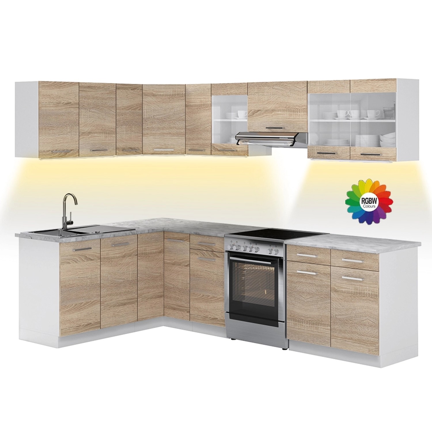 Vicco Rick Eckküche Weiß/Sonoma 267 x 167 cm AP Marmor mit LED-LeistenRick günstig online kaufen