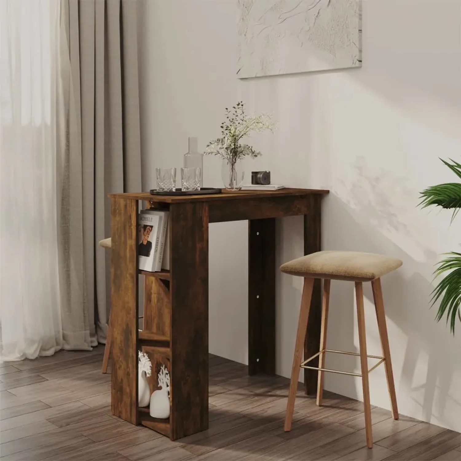 vidaXL Bartisch mit Regal in Räuchereiche, 102x50x103,5 cm. Stehtisch mit Ablagefächern.