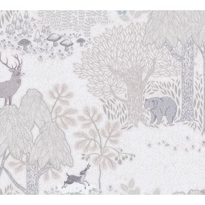 A.S. Creation Vliestapete Waldtiere: Waldszene mit Hirsch, Bär und Bäumen in Braun und Creme.