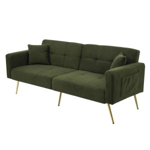 Grünes Merax Schlafsofa mit Lammwollbezug, goldfarbenen Beinen, verstellbarer Rückenlehne und Seitentasche.