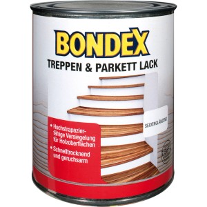 Dose Bondex Treppen- und Parkettlack, transparent, seidenglänzend, für stark beanspruchte Holzoberflächen.