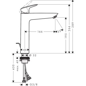Technische Zeichnung: Hansgrohe Logis 190 Waschtischarmatur, Maße und Details.