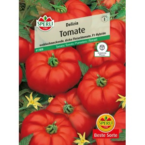 Samenpackung Sperli Tomaten Delizia F1-Hybride, rote Fleischtomaten auf der Abbildung.